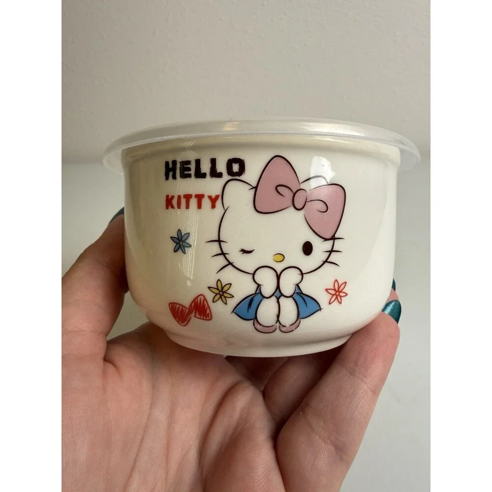 Hello Kitty Ceramic Snack Bowl with Lid Cute Sanrio Small Food Storage Bento Box